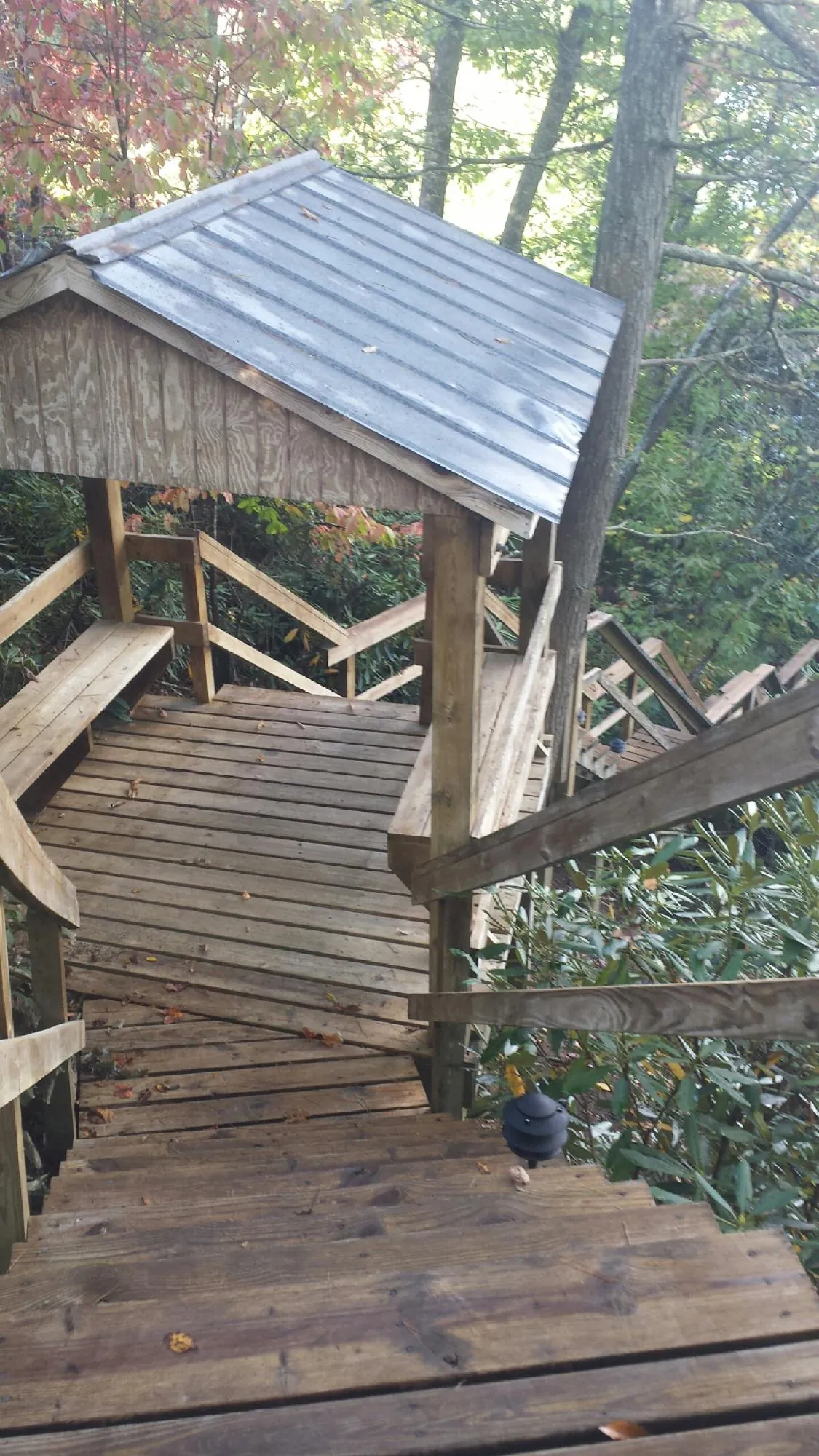 Metal roofed shelter over wooden steps on a wooded walkway — Skylight Repair & Installation work by our crew in Flowery Branch